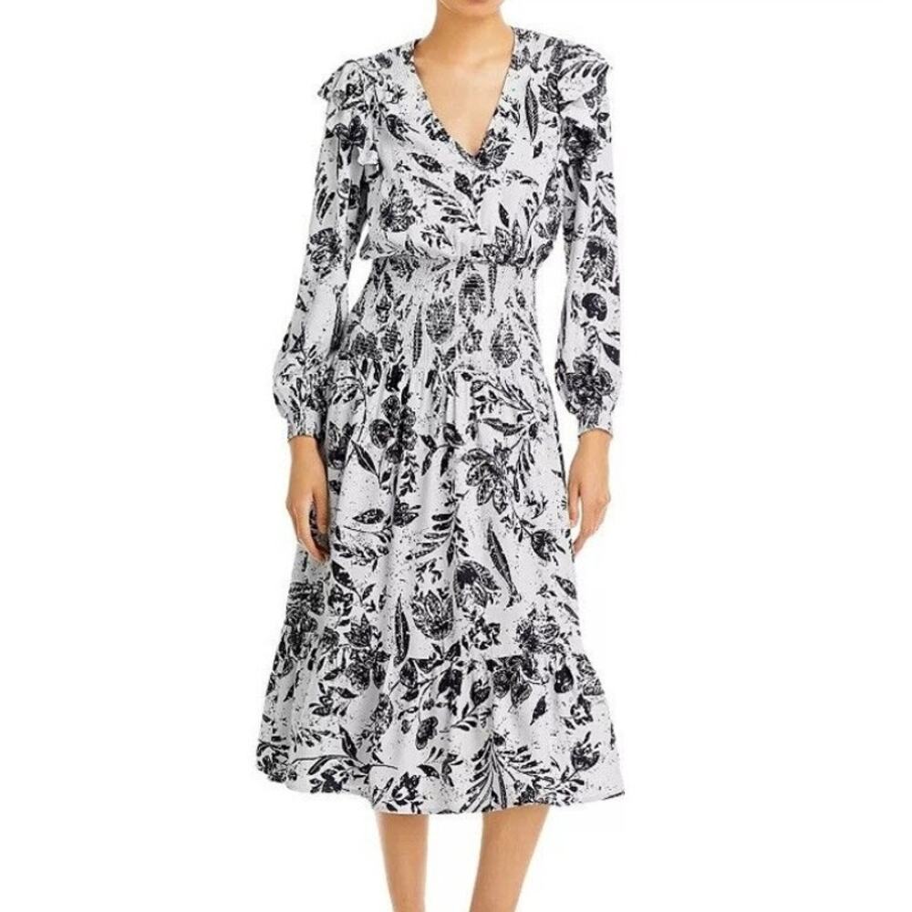 Aqua Blue Floral Leaf Linen Blend Smocked Midi Dress size Small
